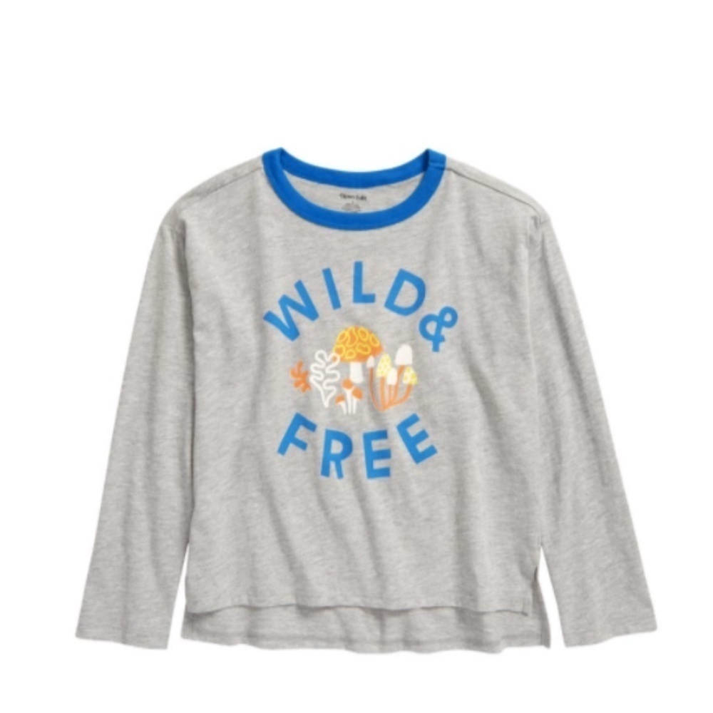 OPEN EDIT Kids Grey WILD FREE Do Big Things GRAPHIC TEE Mushroom LONG Sleeve